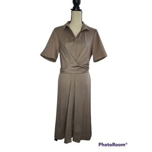 Lafayette 148 New York Khaki Tie Waist Midi Shirt Dress Women's Size 10